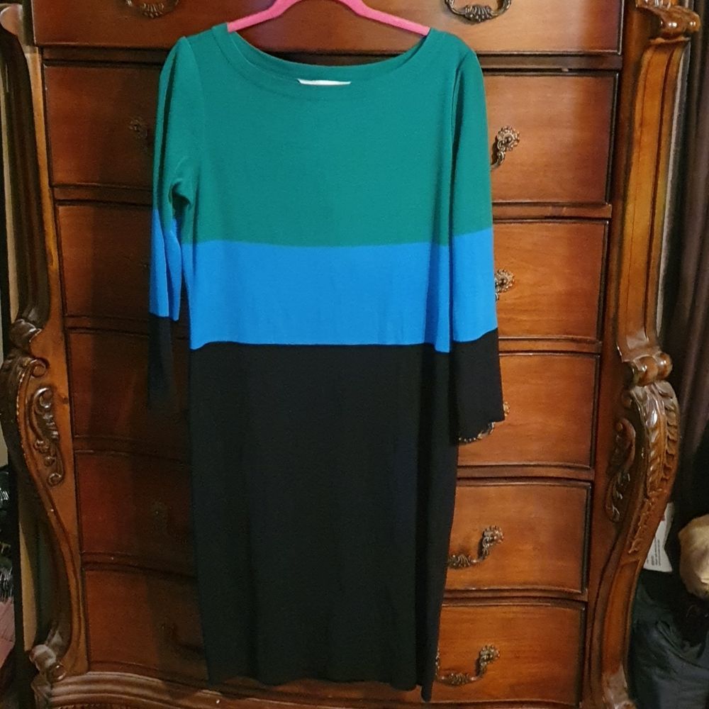 Misook Green Blue Black Colorblock Midi Dress